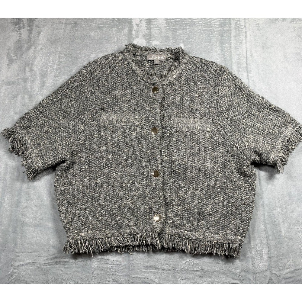 J.Crew Women L Boucle Tweed Cardigan Jacket Gray Fringe Gold Buttons Short Sleev